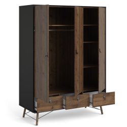 Sor garderobeskab 150 cm bredt, 3 skabe og 3 skuffer, matsort/valnd look