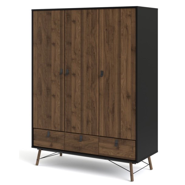 Sor garderobeskab 150 cm bredt, 3 skabe og 3 skuffer, matsort/valnd look