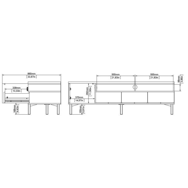 Bars� 155 cm bredt TV m�bel hvidt og ege look med 3 skuffer, 1 skab og 2 hylder.