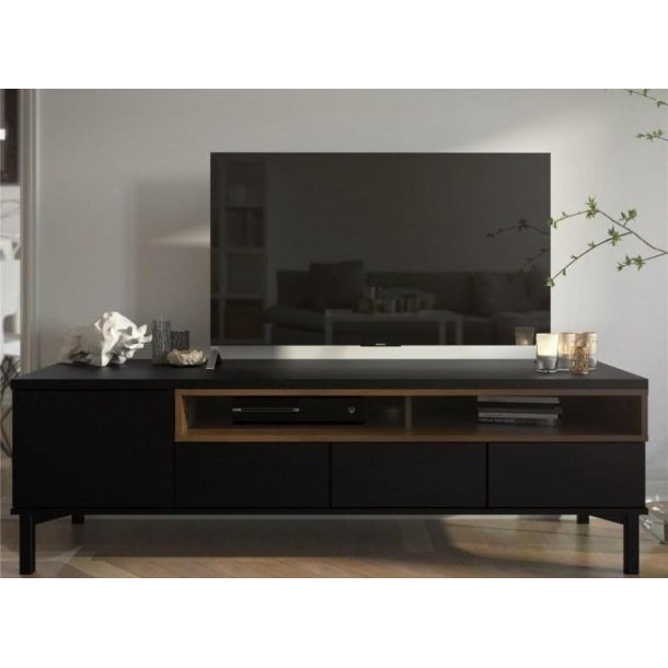 Bars 155 cm bredt TV mbel sort og valndde look med 3 skuffer, 1 skab og 2 hylder.