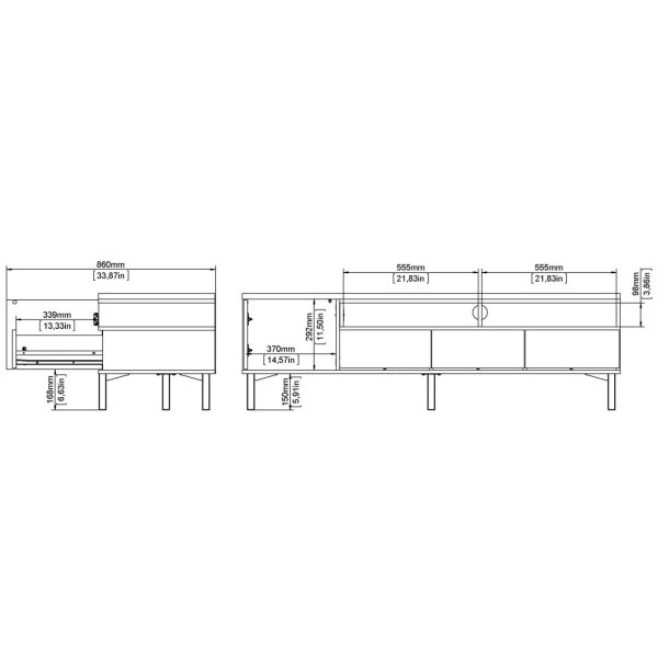 Bars 155 cm bredt TV mbel sort og valndde look med 3 skuffer, 1 skab og 2 hylder.