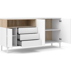 Bars� sk�nk 175 cm bred hvid og ege look med 2 skabe, 3 skuffer og 1 stor hylde.