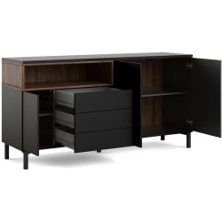 Bars� sk�nk 175 cm bred sort og valn�d med 2 skabe, 3 skuffer og 1 stor hylde.