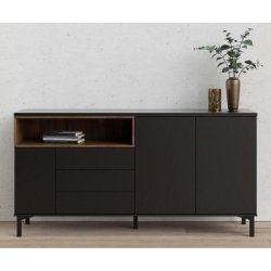 Bars� sk�nk 175 cm bred sort og valn�d med 2 skabe, 3 skuffer og 1 stor hylde.