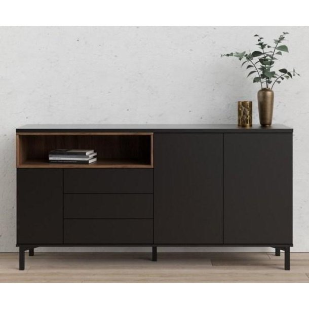 Bars� sk�nk 175 cm bred sort og valn�d med 2 skabe, 3 skuffer og 1 stor hylde.