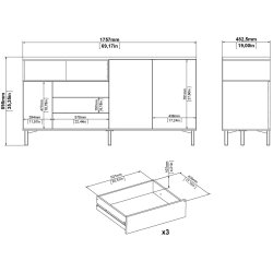 Bars� sk�nk 175 cm bred sort og valn�d med 2 skabe, 3 skuffer og 1 stor hylde.