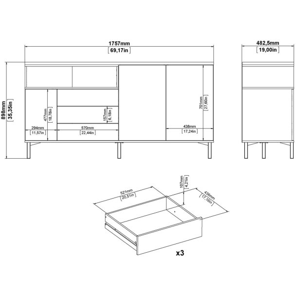 Bars� sk�nk 175 cm bred sort og valn�d med 2 skabe, 3 skuffer og 1 stor hylde.