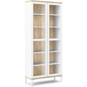 Bars 90 cm bredt hvidt vitrineskab med 5 hylder og 2 glasdre.