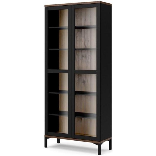 Bars 90 cm bredt sort vitrineskab med 5 hylder og 2 glasdre.