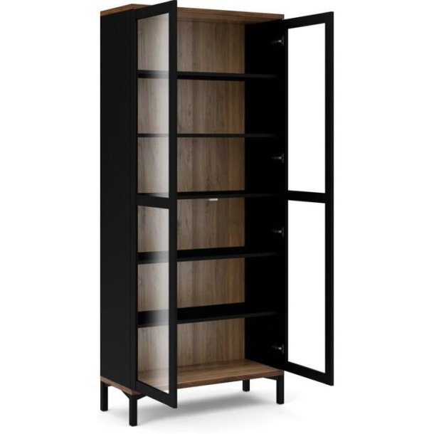 Bars 90 cm bredt sort vitrineskab med 5 hylder og 2 glasdre.