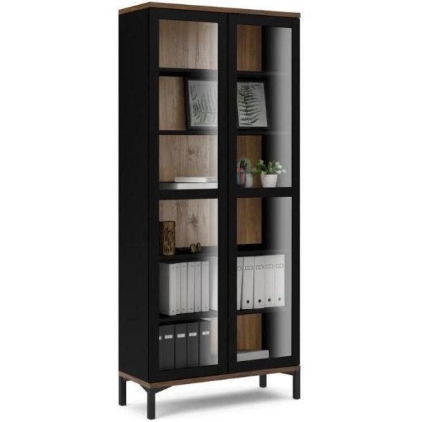 Bars 90 cm bredt sort vitrineskab med 5 hylder og 2 glasdre.