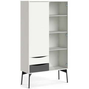 Anholt 100 cm bredt hvidt vitrineskab med 2 skabe, glasdr, hylder og skuffer.