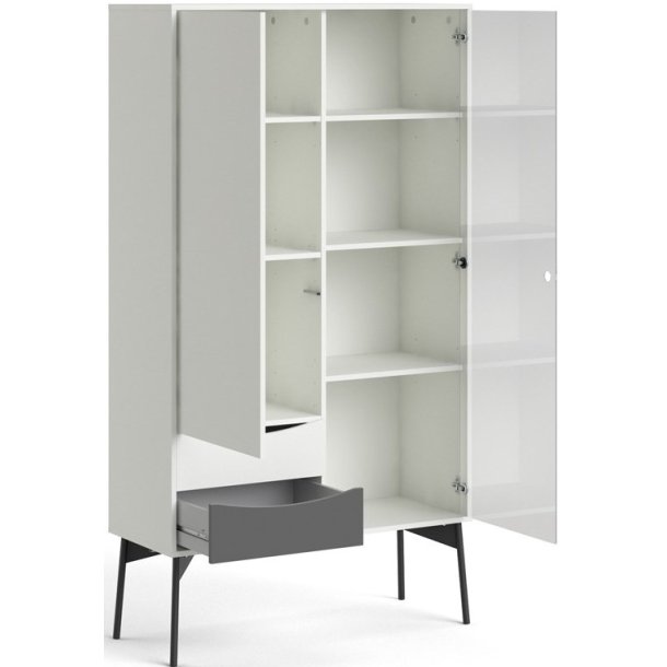 Anholt 100 cm bredt hvidt vitrineskab med 2 skabe, glasdr, hylder og skuffer.