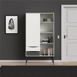 Anholt 100 cm bredt hvidt vitrineskab med 2 skabe, glasdr, hylder og skuffer.