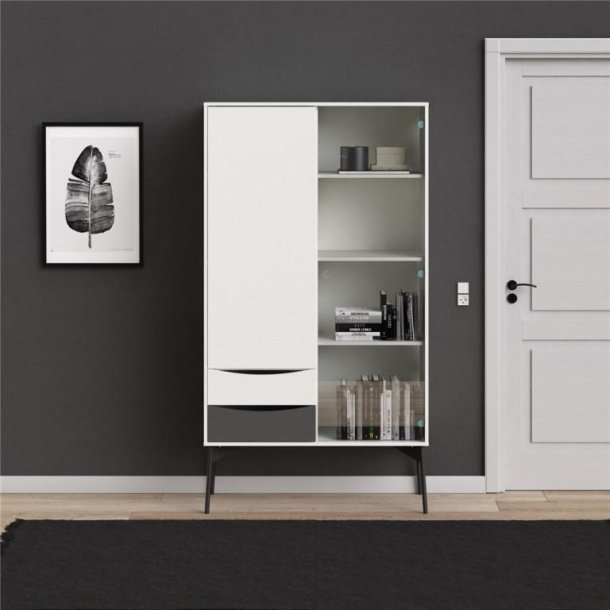 Anholt 100 cm bredt hvidt vitrineskab med 2 skabe, glasdr, hylder og skuffer.