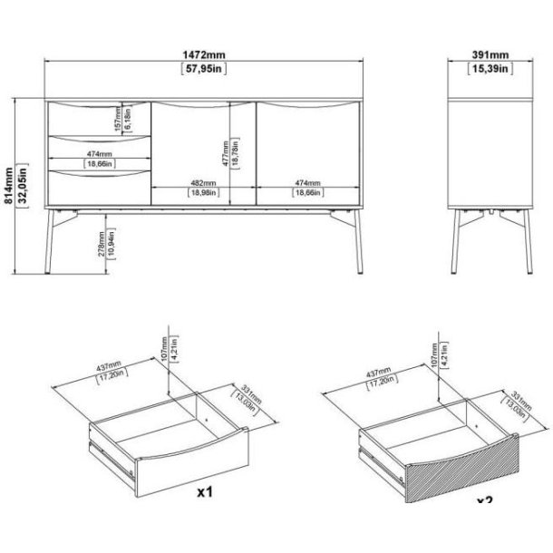 Anholt 150 cm bred hvid sknk med 2 skabe og 3 skuffer.