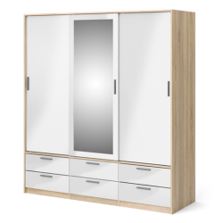 Inline garderobeskab 181cm bredt, med spejl og 6 skuffer h�jglans hvid/ege look