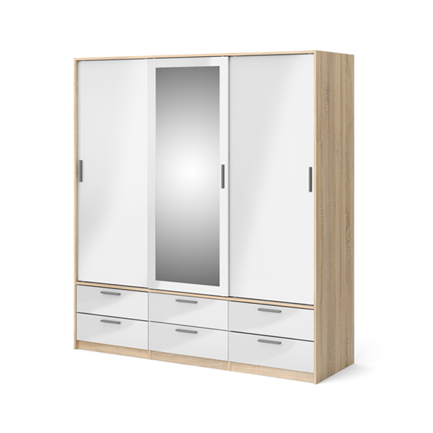 Inline garderobeskab 181cm bredt, med spejl og 6 skuffer h�jglans hvid/ege look