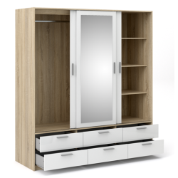 Inline garderobeskab 181cm bredt, med spejl og 6 skuffer h�jglans hvid/ege look