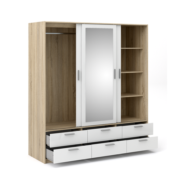 Inline garderobeskab 181cm bredt, med spejl og 6 skuffer h�jglans hvid/ege look