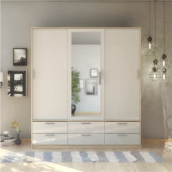 Inline garderobeskab 181cm bredt, med spejl og 6 skuffer h�jglans hvid/ege look