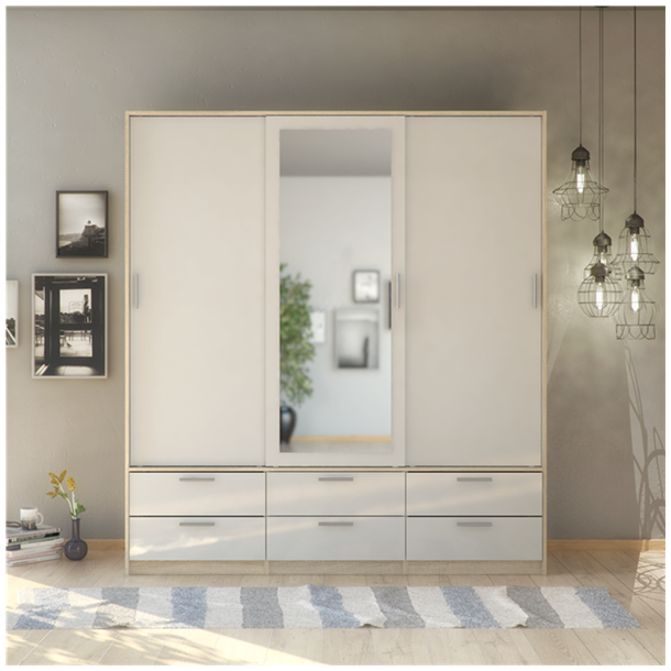 Inline garderobeskab 181cm bredt, med spejl og 6 skuffer h�jglans hvid/ege look