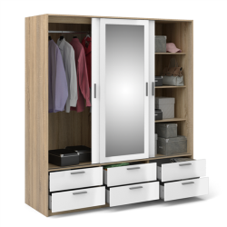 Inline garderobeskab 181cm bredt, med spejl og 6 skuffer h�jglans hvid/ege look