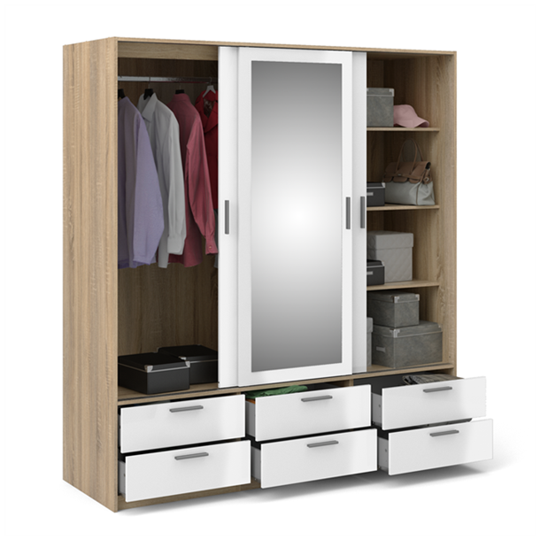 Inline garderobeskab 181cm bredt, med spejl og 6 skuffer h�jglans hvid/ege look