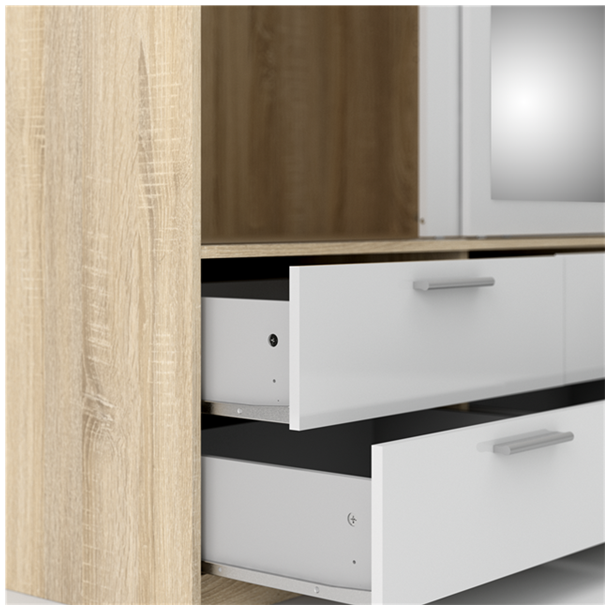 Inline garderobeskab 181cm bredt, med spejl og 6 skuffer h�jglans hvid/ege look