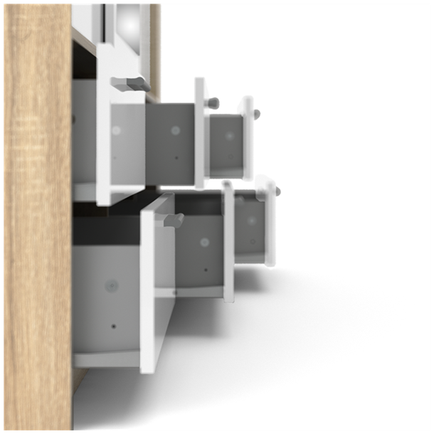 Inline garderobeskab 181cm bredt, med spejl og 6 skuffer h�jglans hvid/ege look