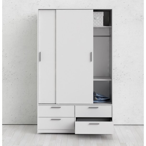 Inline garderobeskab 121 cm bredt, 4 skuffer hvidt