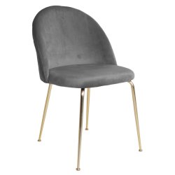 Greve spisebordsstol i gr velour med sklformet ryg og kraftig metalstel i messinglook.
