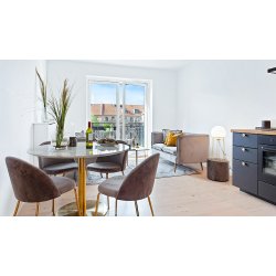 Greve spisebordsstol i gr velour med sklformet ryg og kraftig metalstel i messinglook.