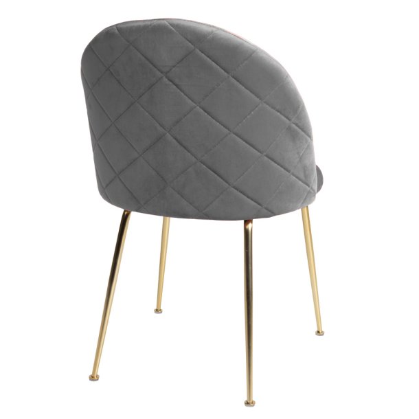 Greve spisebordsstol i gr velour med sklformet ryg og kraftig metalstel i messinglook.