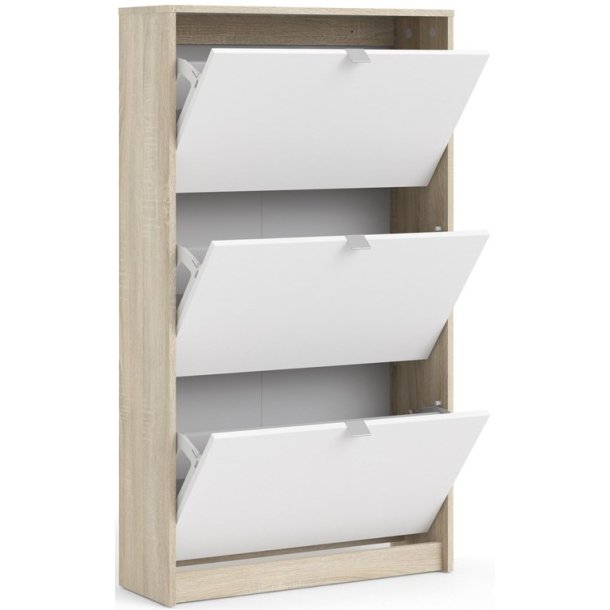 Askepot skoskab hvidt og ege look med 3 vippel�ger og plads til 18 par sko.