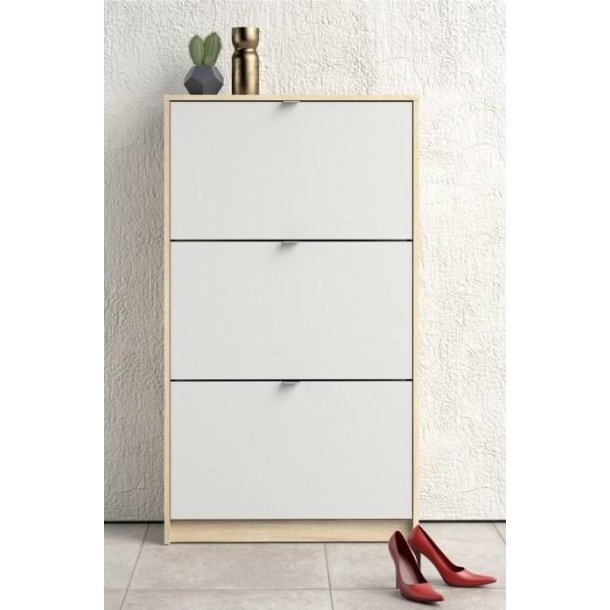 Askepot skoskab hvidt og ege look med 3 vippel�ger og plads til 18 par sko.