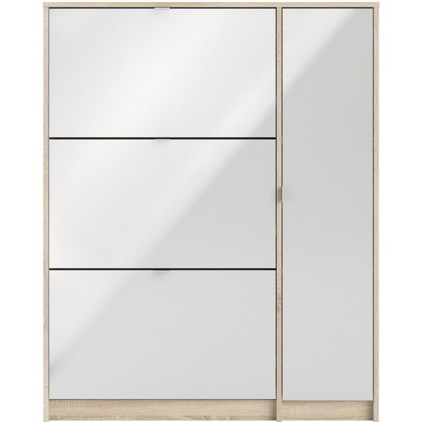 Askepot skoskab hvid h�jglans og ege look med 3 vippel�ger til 18 par sko og 1 skab .