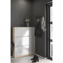 Askepot skoskab hvid h�jglans og ege look med 3 vippel�ger til 18 par sko og 1 skab .