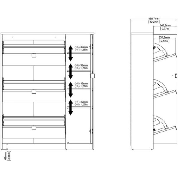 Askepot skoskab hvid h�jglans og ege look med 3 vippel�ger til 18 par sko og 1 skab .
