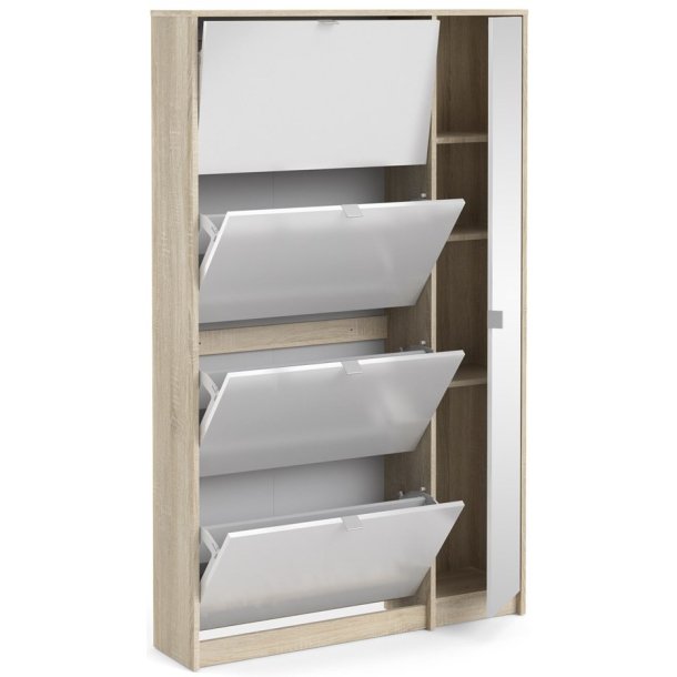 Askepot skoskab hvid h�jglans og ege look med 4 vippel�ger til 24 par sko og 1 skab med spejll�ge.