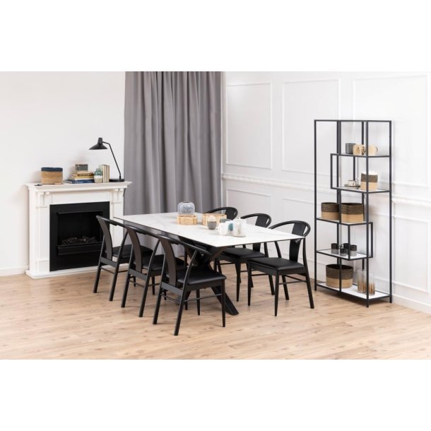 Sorgenfri spisebord 200 x 100 cm med hvid keramisk bordplade og sort metalstel.