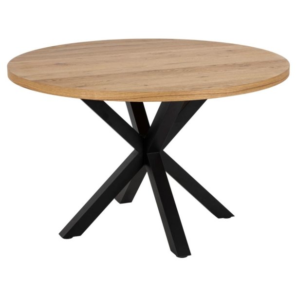 Sorgenfri rundt spisebord 120 cm egefiner vild eg og med sort metalstel.