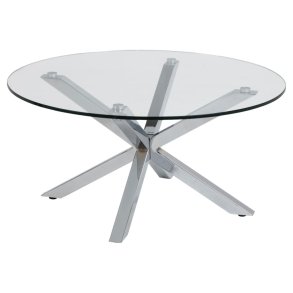 Sorgenfri rundt sofabord 82 cm glasplade og forkromet metalstel.