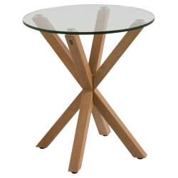 Sorgenfri rundt hj�rnebord 50 cm glasplade og metalstel med ege folie.