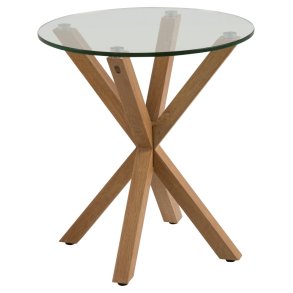 Sorgenfri rundt hj�rnebord 50 cm glasplade og metalstel med ege folie.