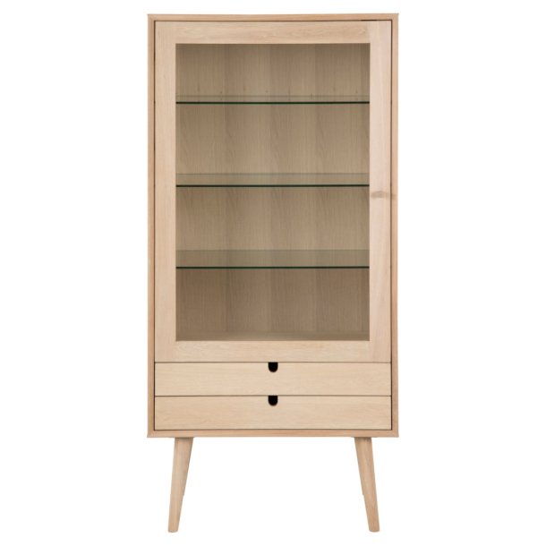 Liseleje 70 cm bredt vitrineskab med glasdr og glashylder samt 2 skuffer.
