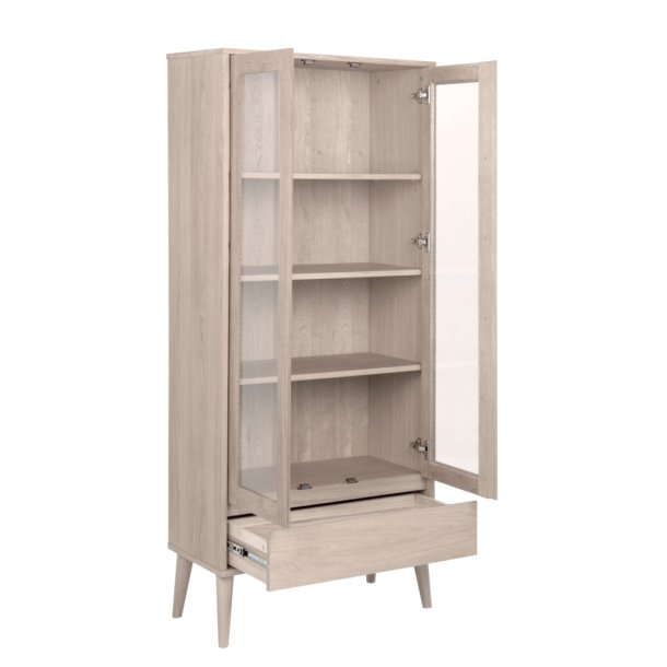 Vorns 80 cm vitrineskab i hvidpigmenteret egetr finer med 2 glasdre og 1 skuffe.