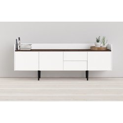 Sknk 195,5 cm bred hvid og walnd skydedre og skuffer.