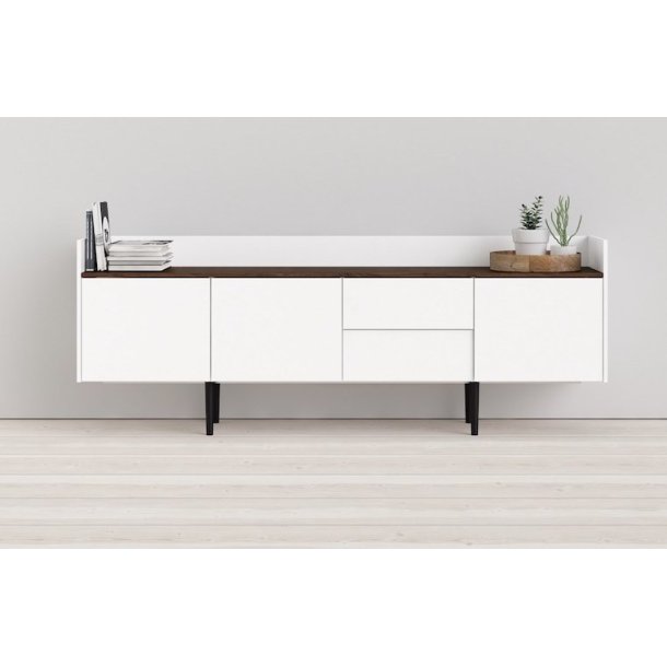 Sknk 195,5 cm bred hvid og walnd skydedre og skuffer.