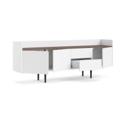 Sknk 195,5 cm bred hvid og walnd skydedre og skuffer.